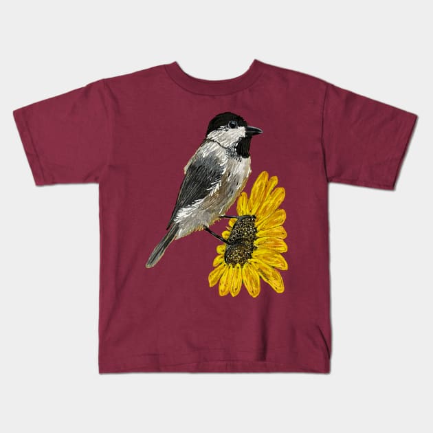 Summertime Sunflower With A Chickadee Kids T-Shirt by JDFehlauer